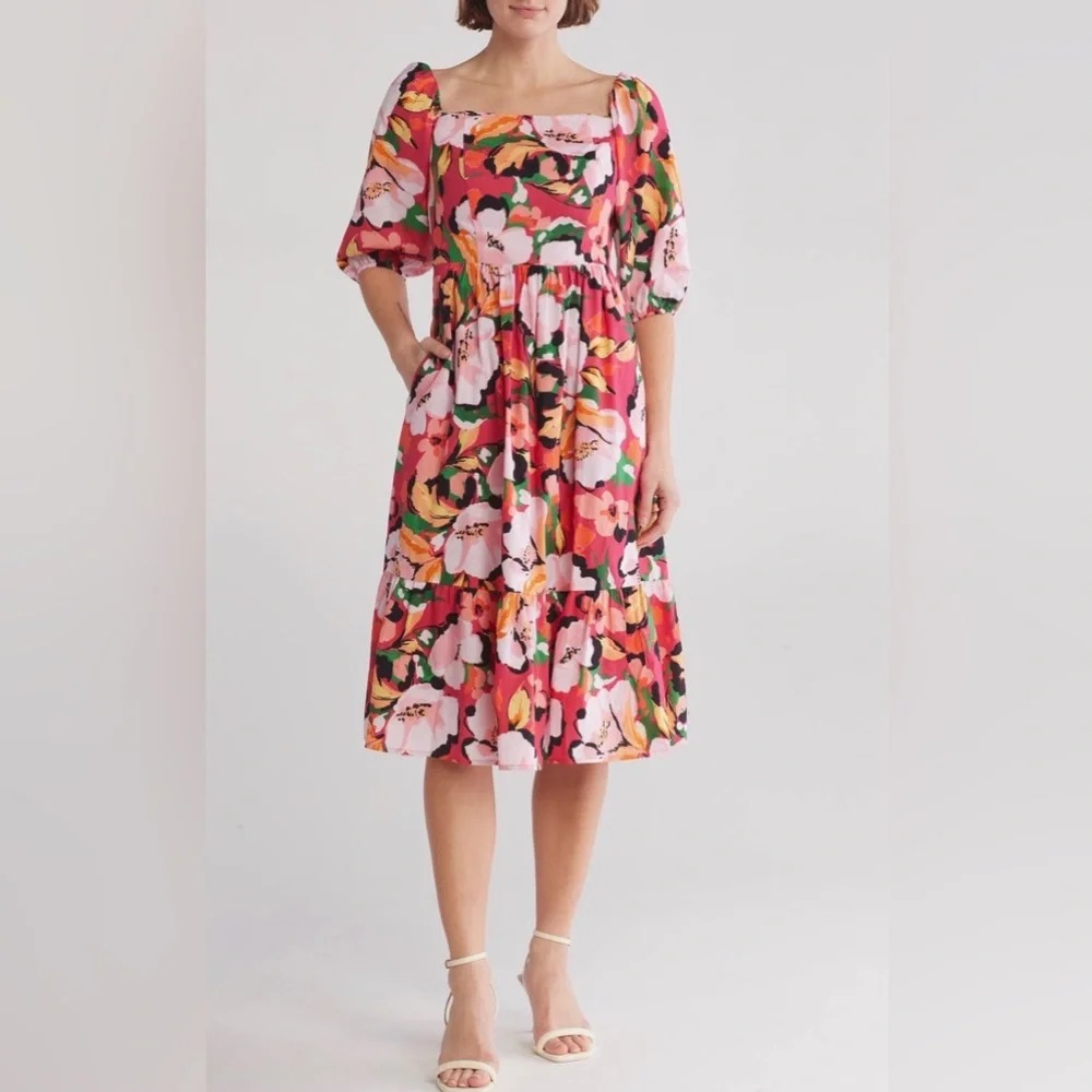 Vince Camuto Pink and Orange Floral Puff Sleeve Tiered‎ Midi Dress - Picture 1 of 7